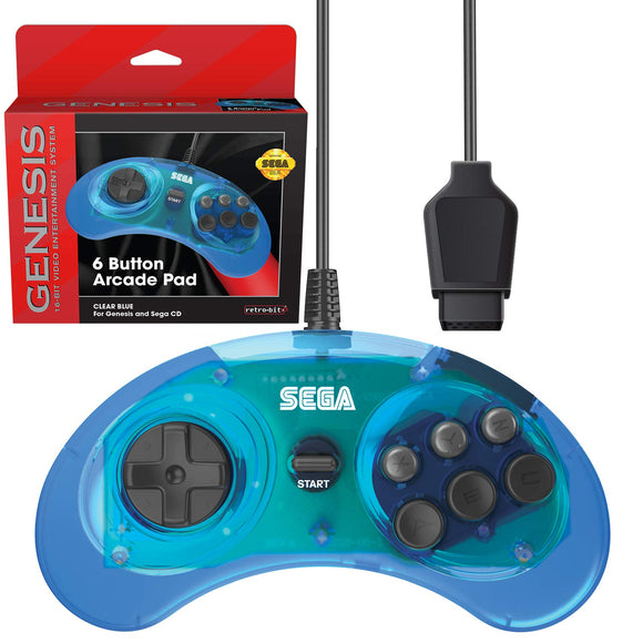 Retro-Bit Official Sega Genesis Controller 6-Button Arcade Pad for Sega Genesis - Original Port - Clear Blue